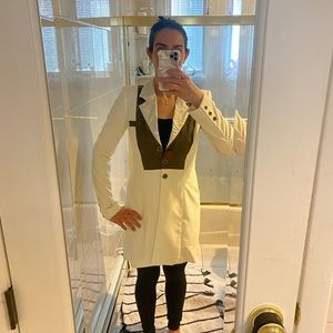 Gorgeous fitted long off-white blazer with brown patent trim